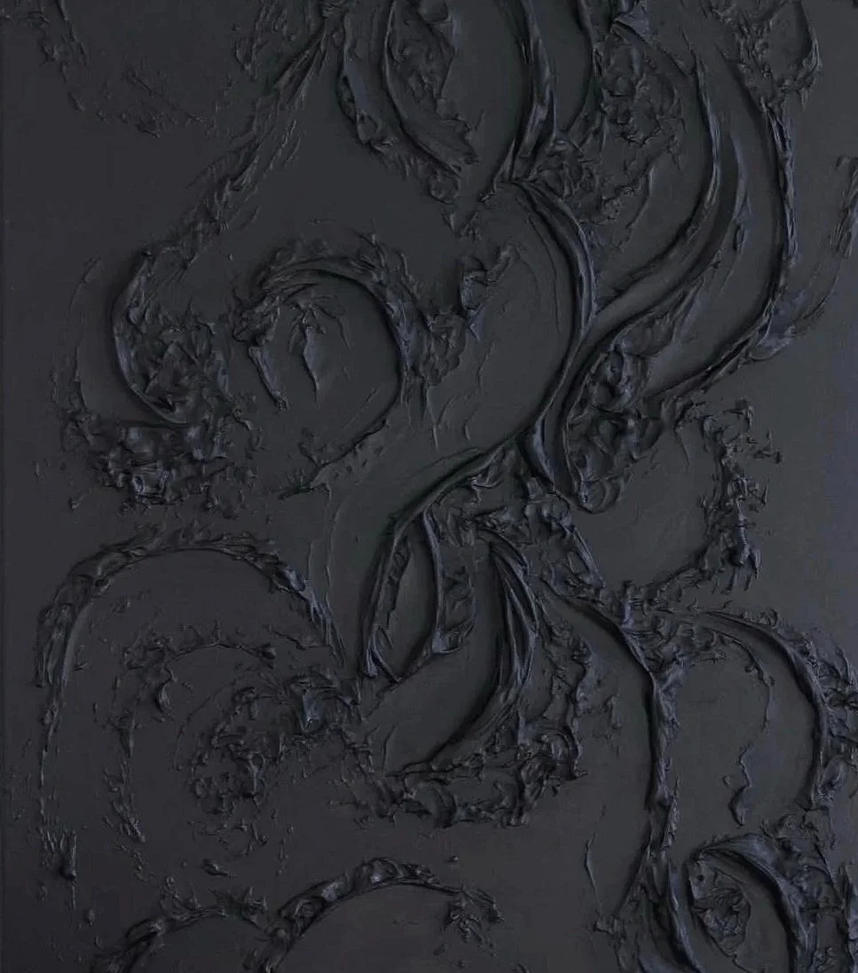 Black textured abstract sculptural painting on canvas by Atelier Termeh