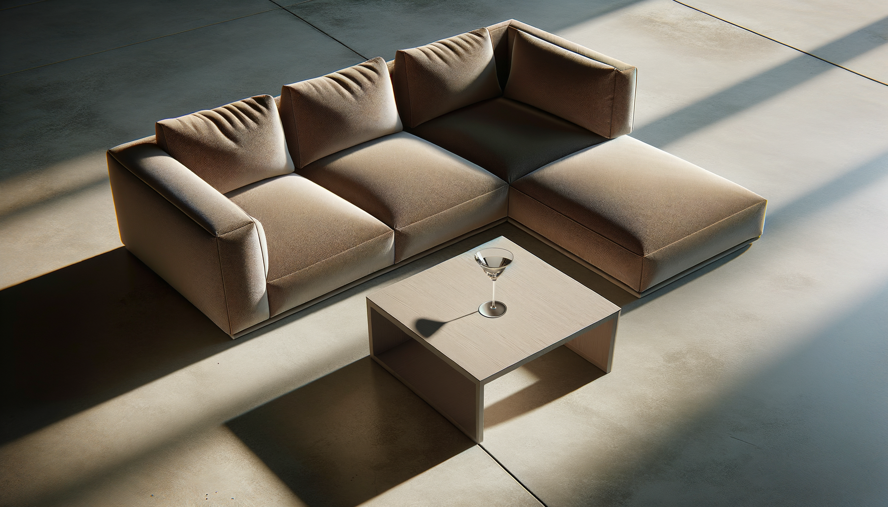 Modern beige sectional sofa with matching cushions and a square wooden coffee table with a martini glass on top, in a sunlit room with concrete floors.