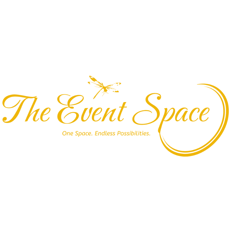 Gold text reads 'The Event Space' with a dragonfly graphic above it and the tagline 'One Space. Endless Possibilities.' underneath.