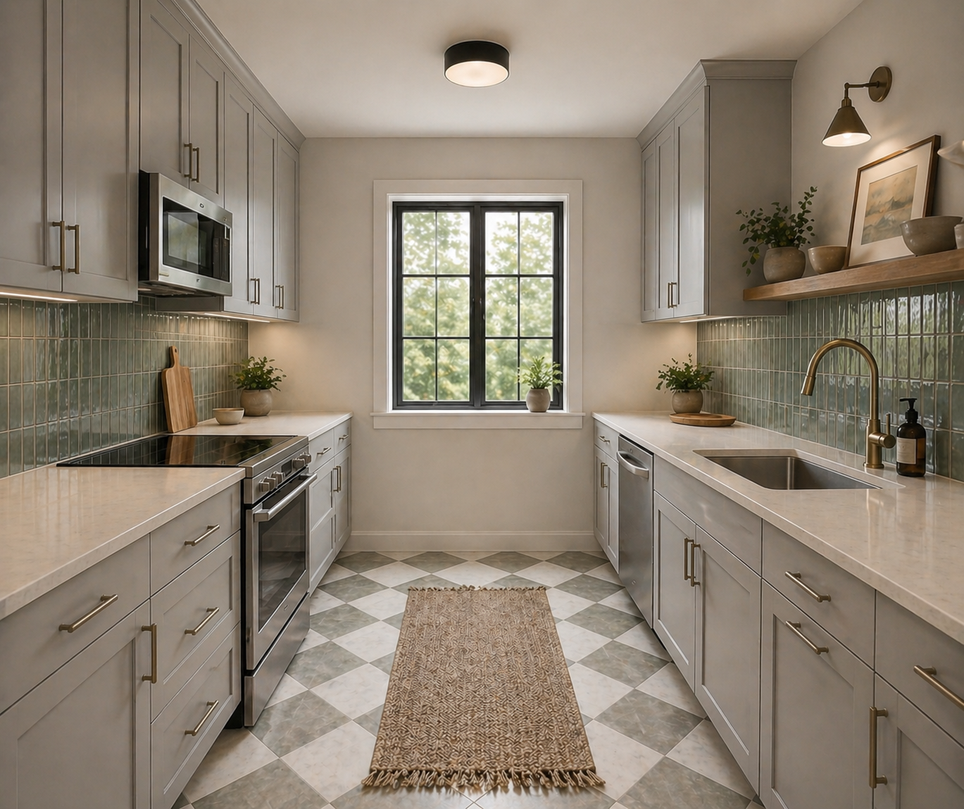 A modern kitchen with light gray cabinets, a window in the center, green tiled backsplash, stainless steel appliances, and a beige rug on a checkered floor.