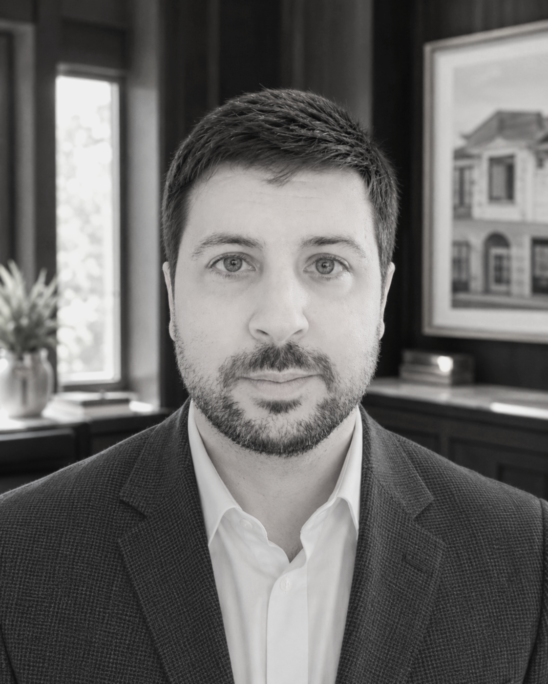A black and white portrait of a man with short dark hair, a beard, and light-colored eyes, wearing a suit jacket and white shirt, indoors with large windows, potted plant, and framed painting in the background.