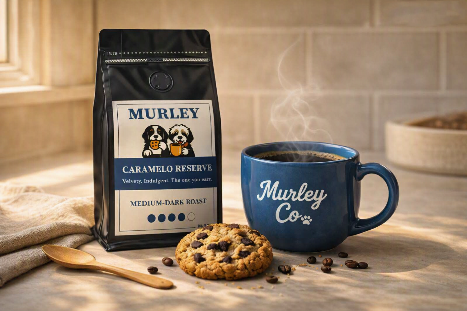 A bag of Caramelo Reserve ground coffee beside a Murley Co. mug and The House cookie