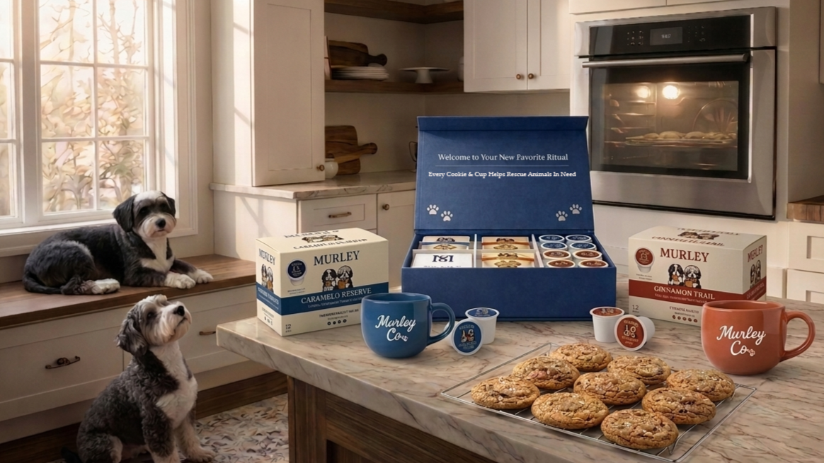 Riley and Murphy in the kitchen beside Murley cookies, coffee and the gift box