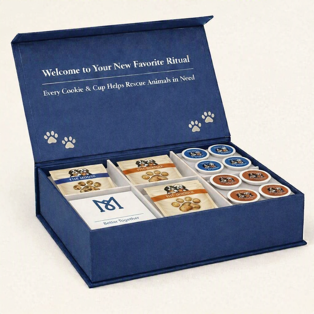A Murley box lid that reads Every Cookie and Cup Helps Rescue Animals in Need