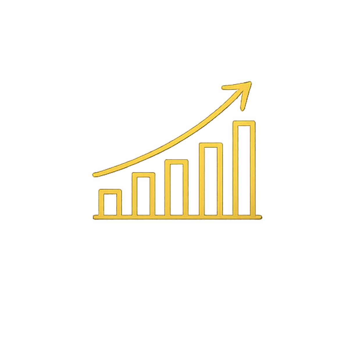 Gold-colored financial growth chart showing a bar graph with increasing heights and a rising arrow.