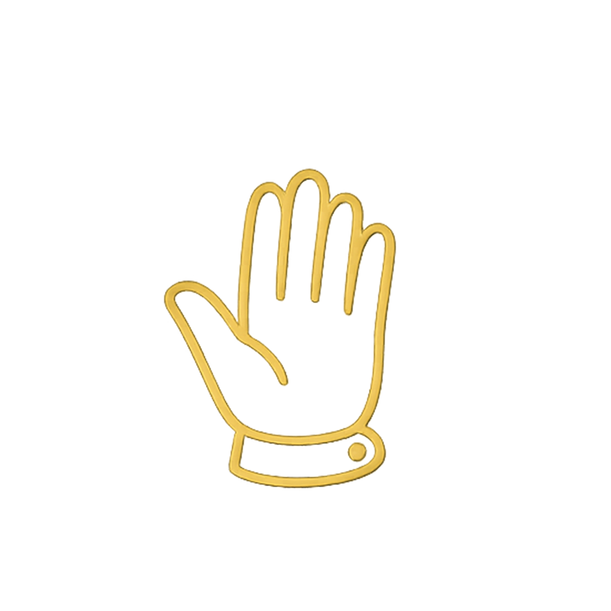 A gold-colored hand-shaped pin with a purple gem at the wrist, featuring circuitry and digital designs that resemble the outline of a hand.