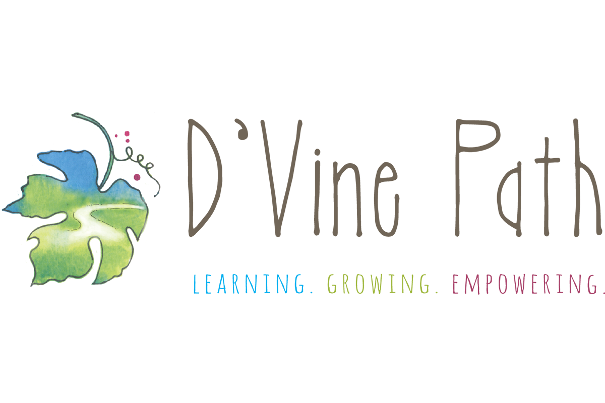 Stylized logo of D'Vine Path with a watercolor leaf illustration and the tagline "Learning. Growing. Empowering." in colorful text.