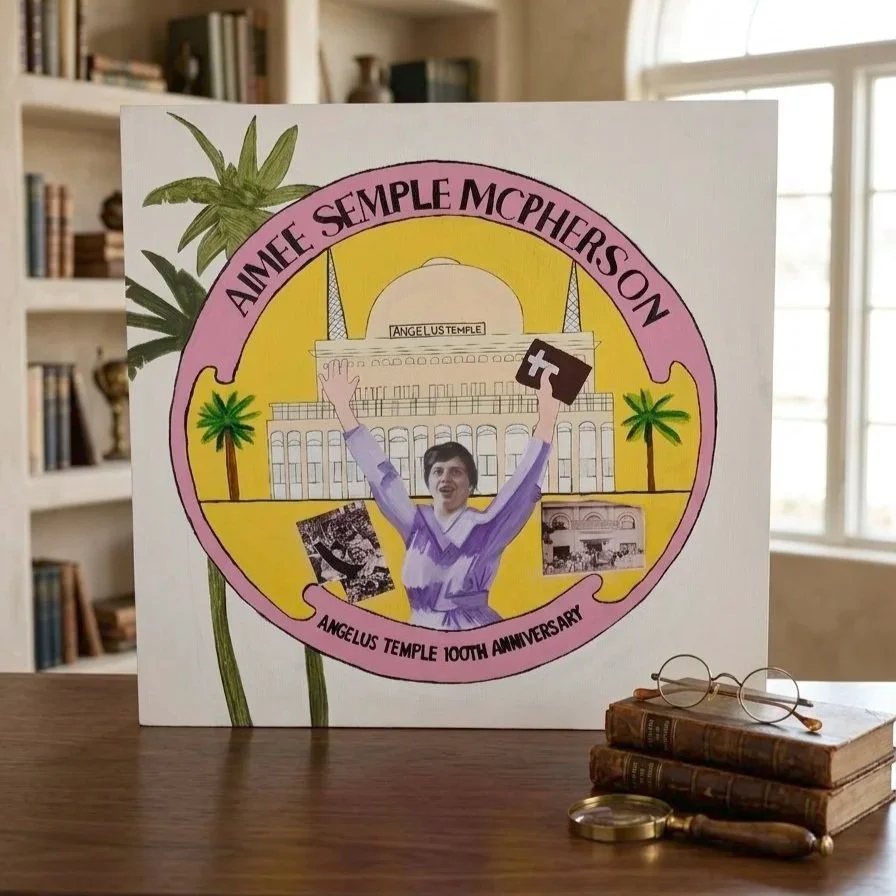 A collage celebrating Angelus Temple's 100th anniversary, featuring a drawing of the temple, a person with arms raised, palm trees, and photos, with a pink border and text.