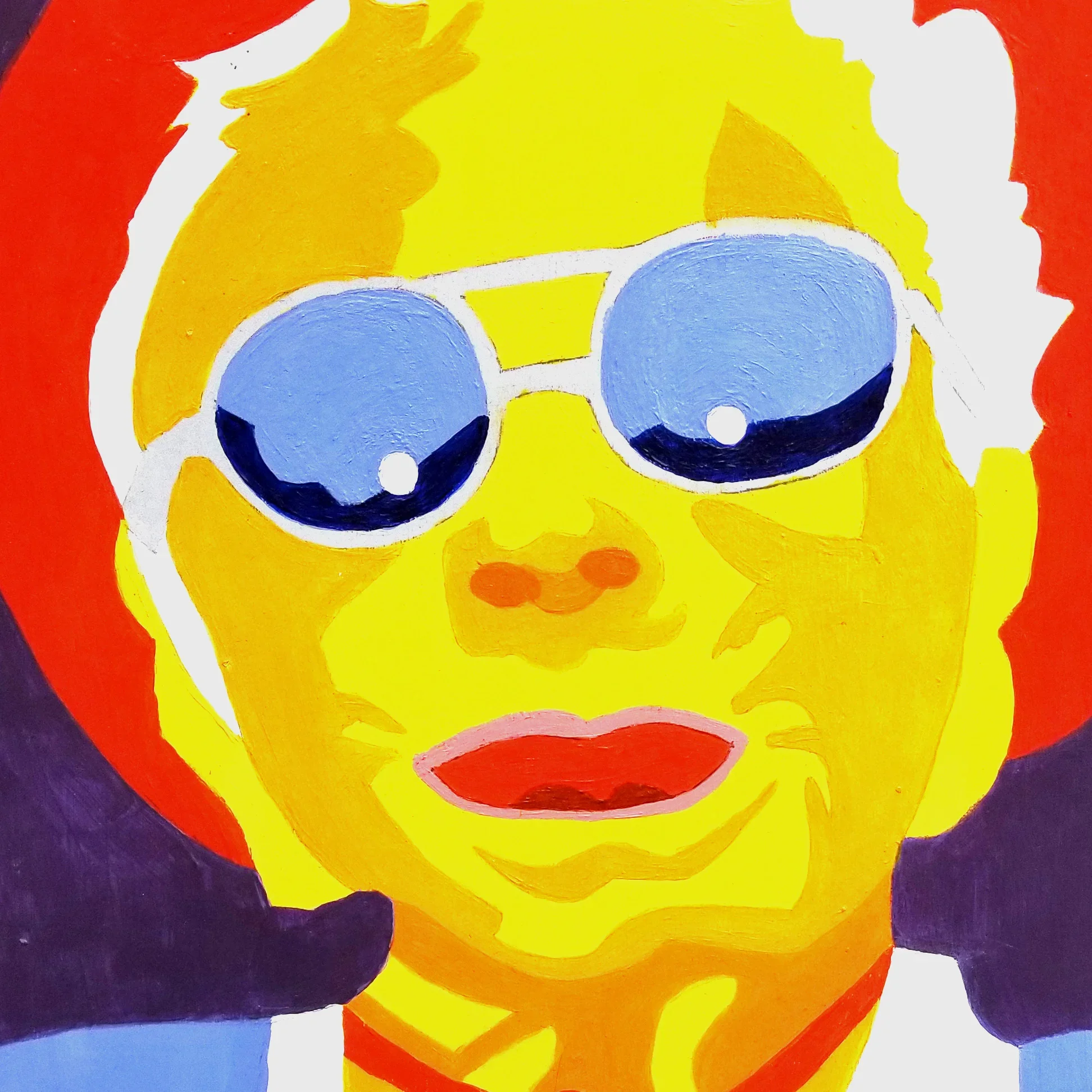 An abstract painting of a stylized woman's face with sunglasses, using bold colors such as yellow, red, blue, white, and black.