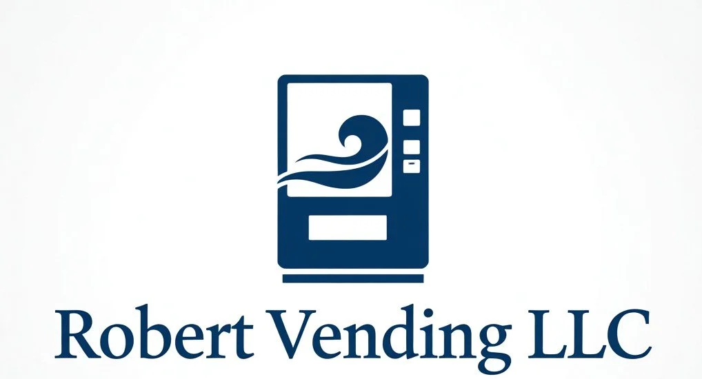 Logo of Robert Vending LLC featuring a vending machine with a wave design in the snack or drink window.