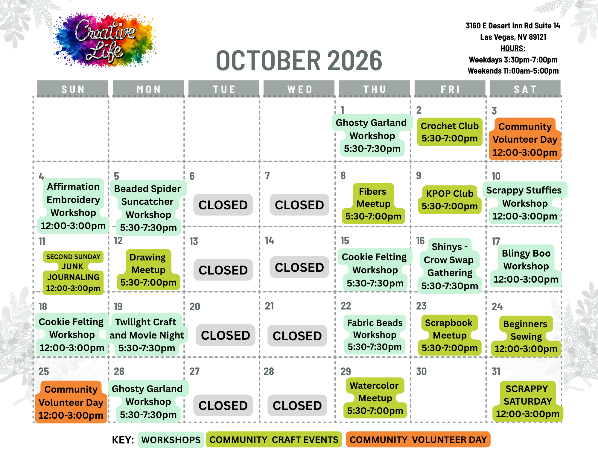 Monthly calendar for October 2026 promoting a community craft event called 'Creative Life' in Las Vegas, Nevada, with workshops, meetups, and volunteer days, along with a schedule of activities and color-coded key for workshops, community craft events, and volunteer days.