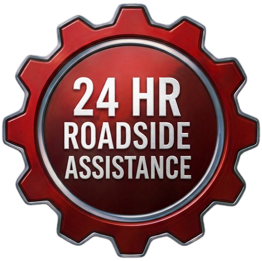 A red gear-shaped emblem with silver edge, containing white text that reads "24 HR ROADSIDE ASSISTANCE"