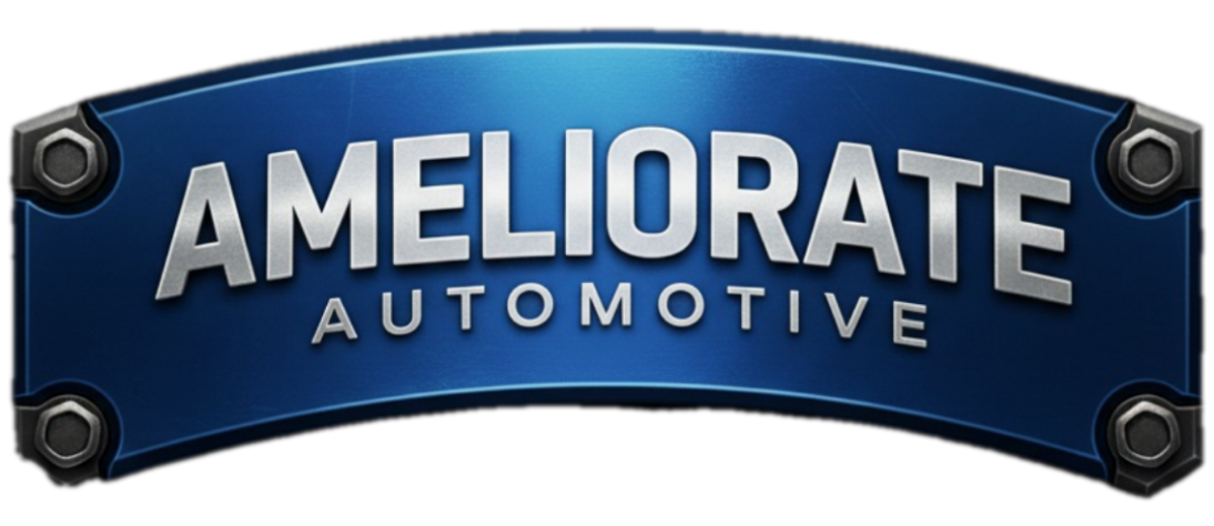 Logo for Ameliorate Automotive on a blue metallic badge background.