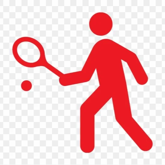 Red icon of a person playing tennis with a racket and ball.