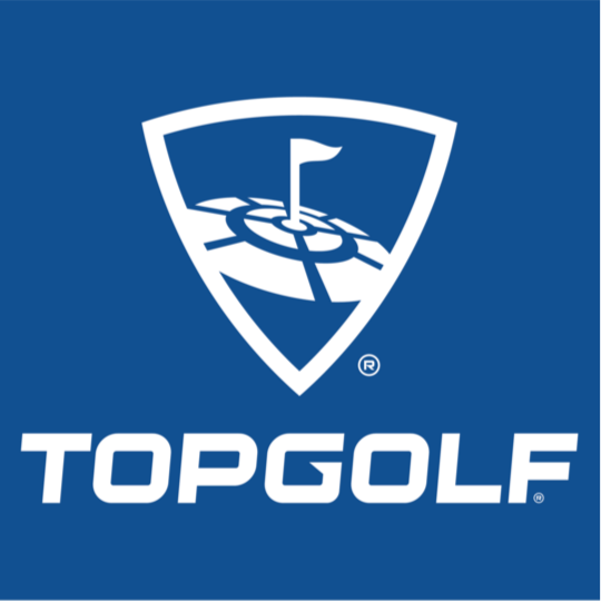 Topgolf logo featuring a shield with a golf hole, flag, and course layout.