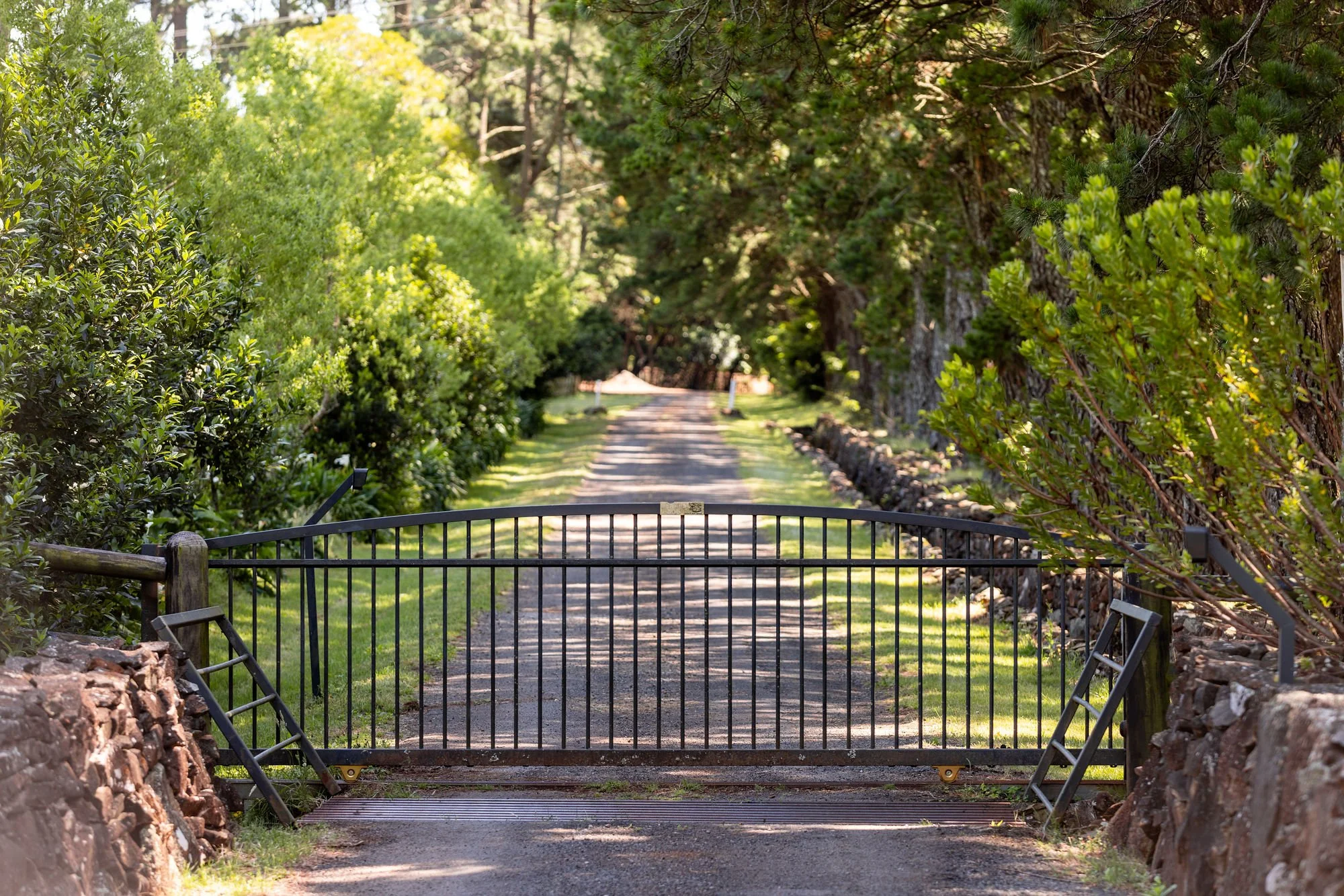 A black metal gate blocking a gravel path leading into a green forested area with trees and bushes on either side.