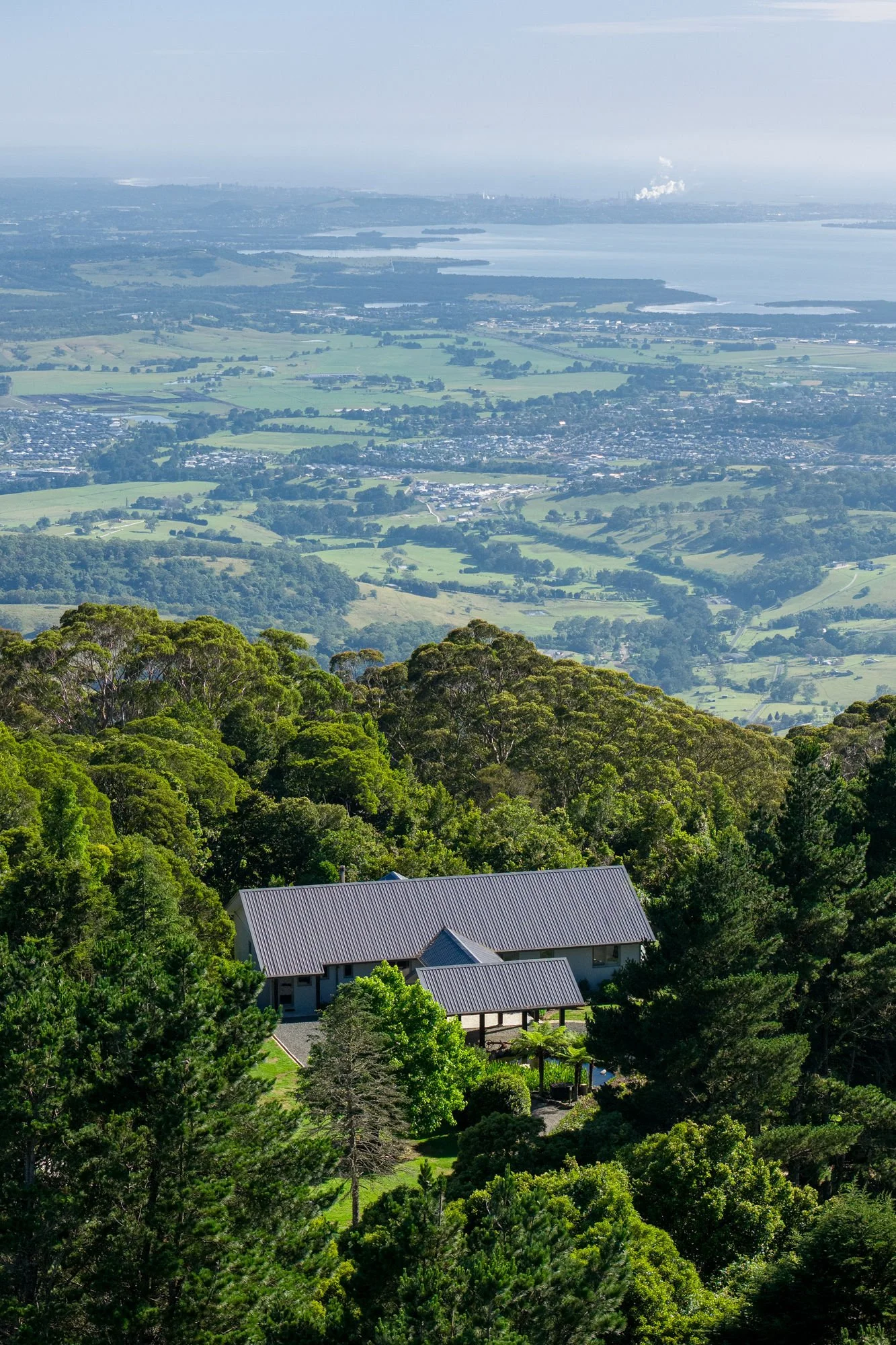 A scenic view from a high vantage point shows green trees, residential houses with metal roofs in the foreground, and a distant landscape with a lake, fields, and a city skyline.