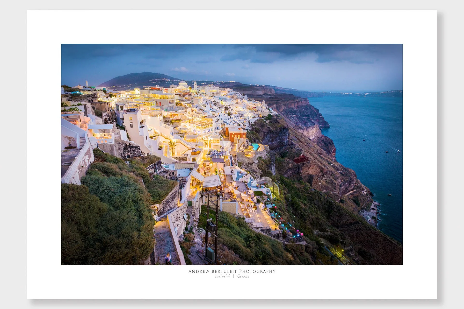 Santorini Firostefani at dusk print with white border, ready for a standard frame.