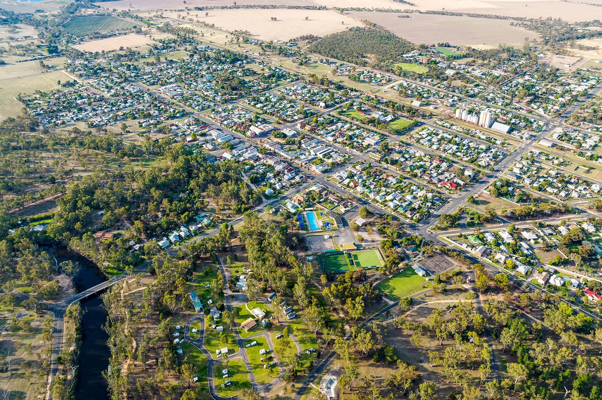 Aerial view of Dimboola and the Wimmera River