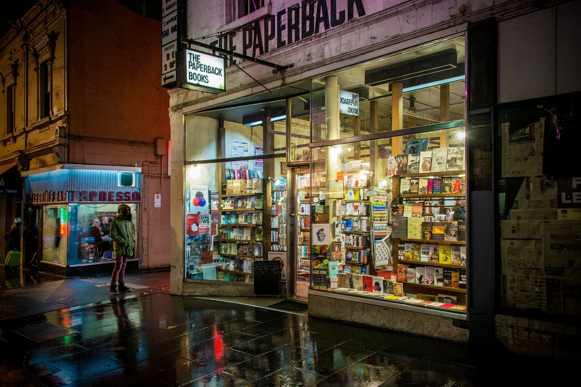 Bookstore on Bourke St on a rainy night