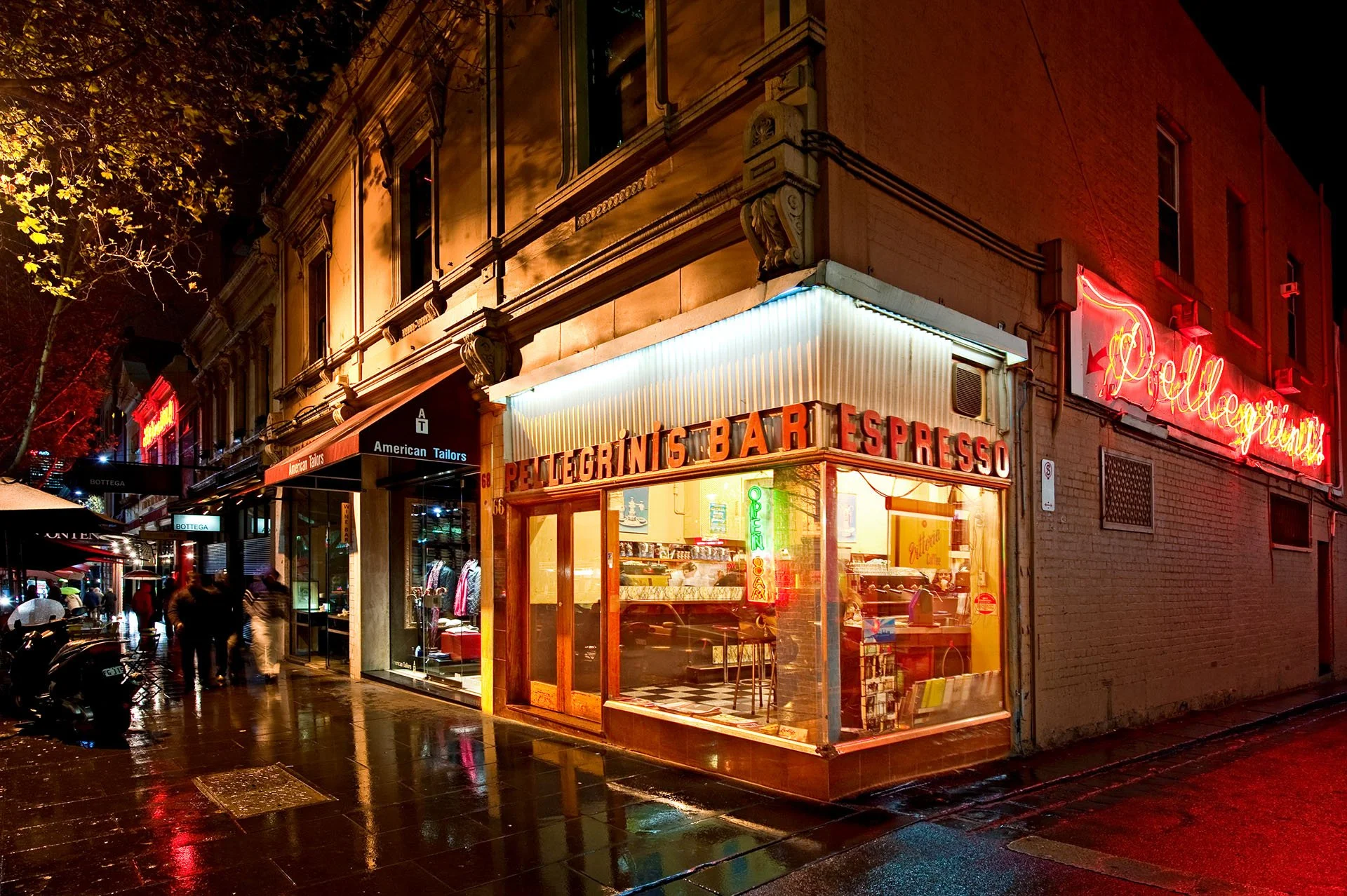 Nighttime image of Pellegrini's Restaurant on a wet evening