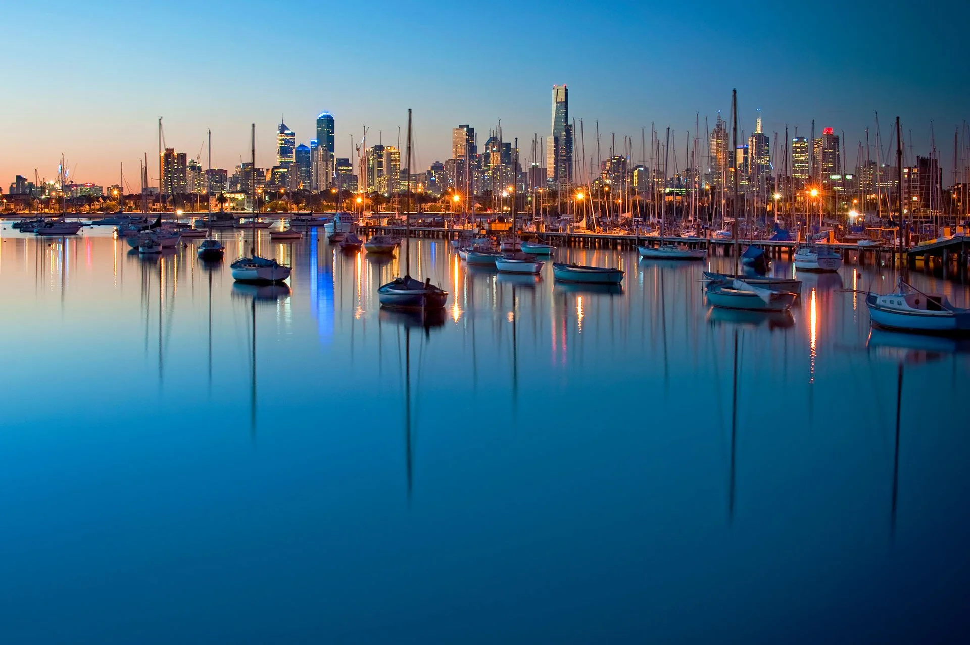 Reflections of boats on the water, St Kilda Harbour