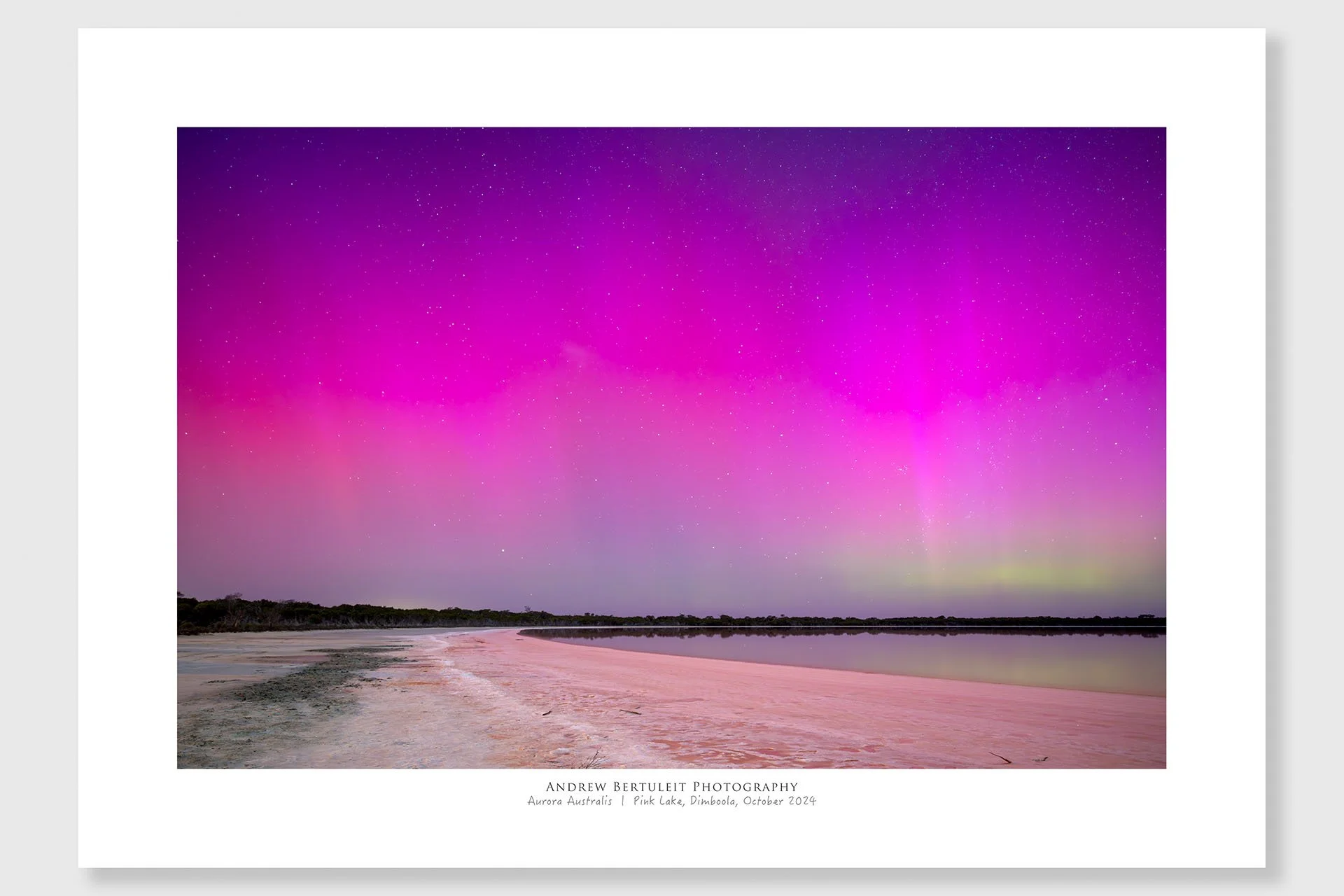Aurora Australis Pink Lake print with white border, ready for a standard frame
