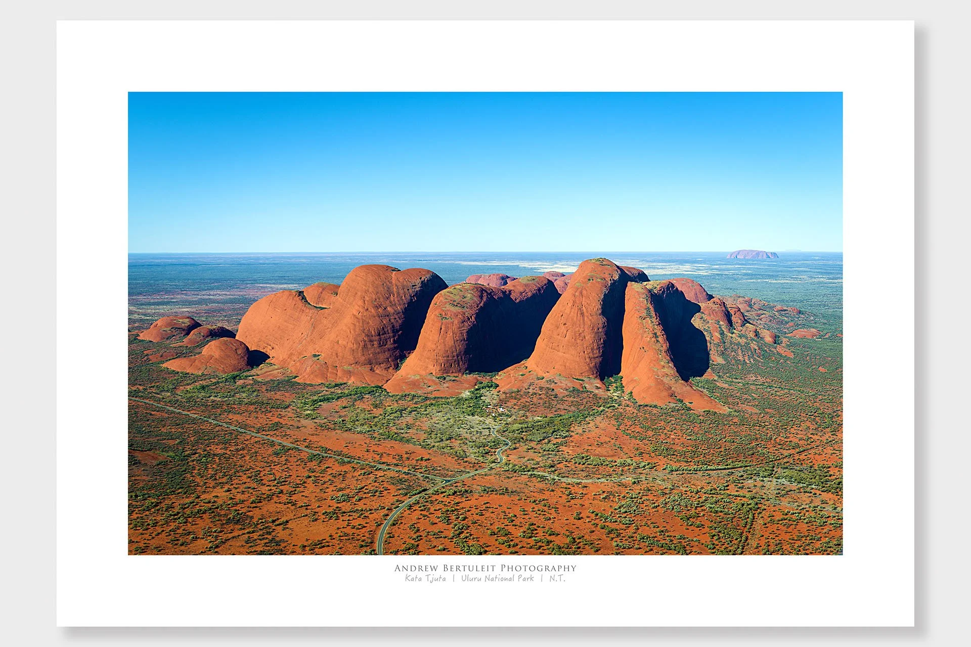 Kata Tjuta and Uluru aerial print with white border, ready for a standard frame.
