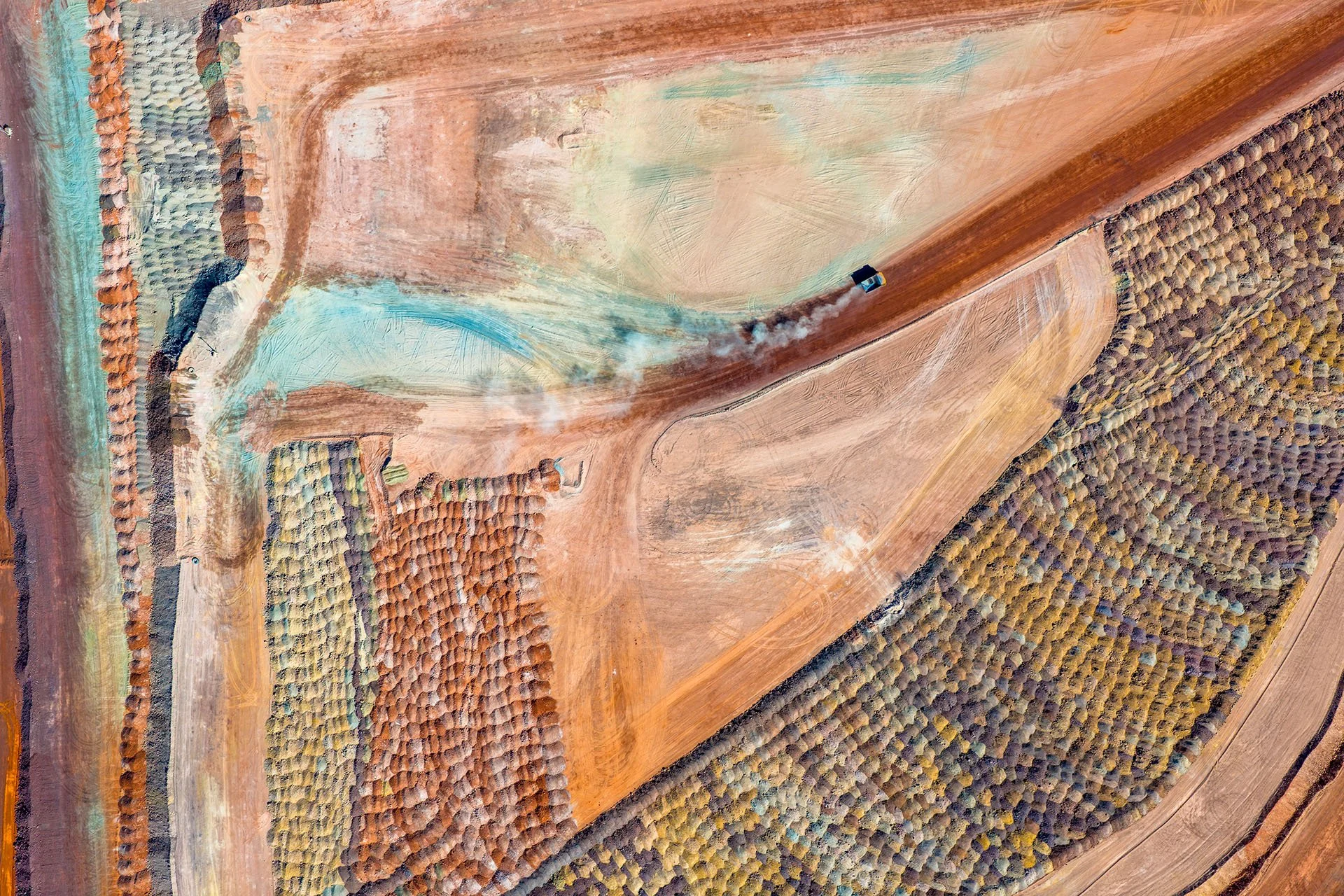 Aerial of an iron ore mine with abstract patterns