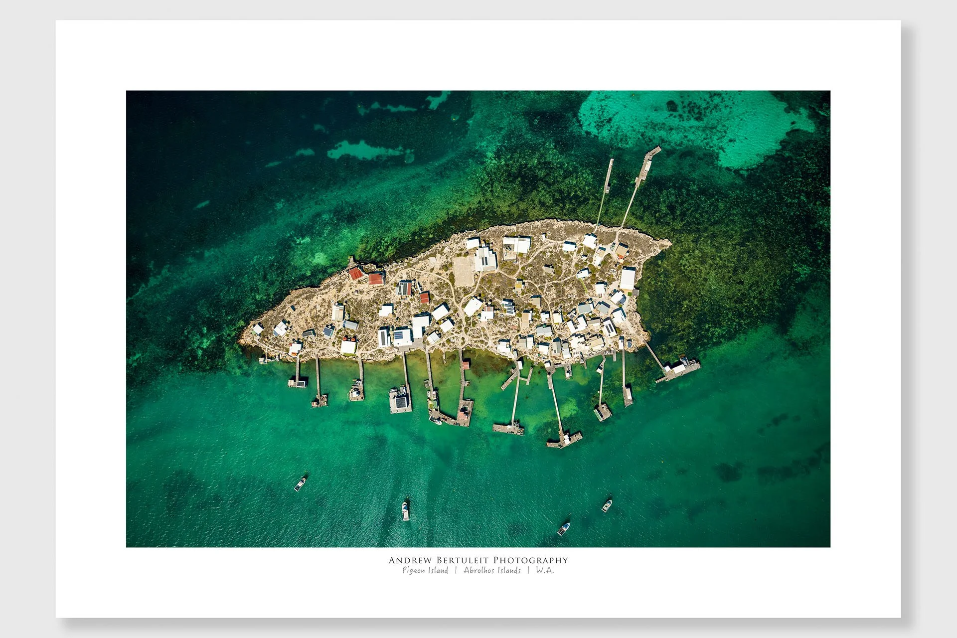 Pigeon Island print with white border, ready for a standard frame