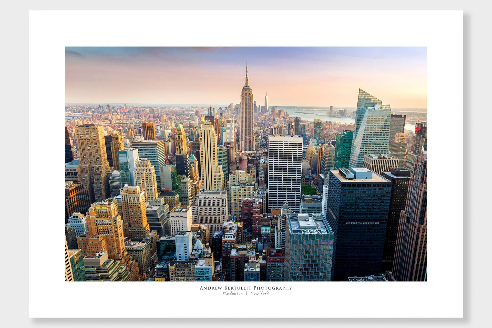 Manhattan Empire State Building skyline print with white border, ready for a standard frame.