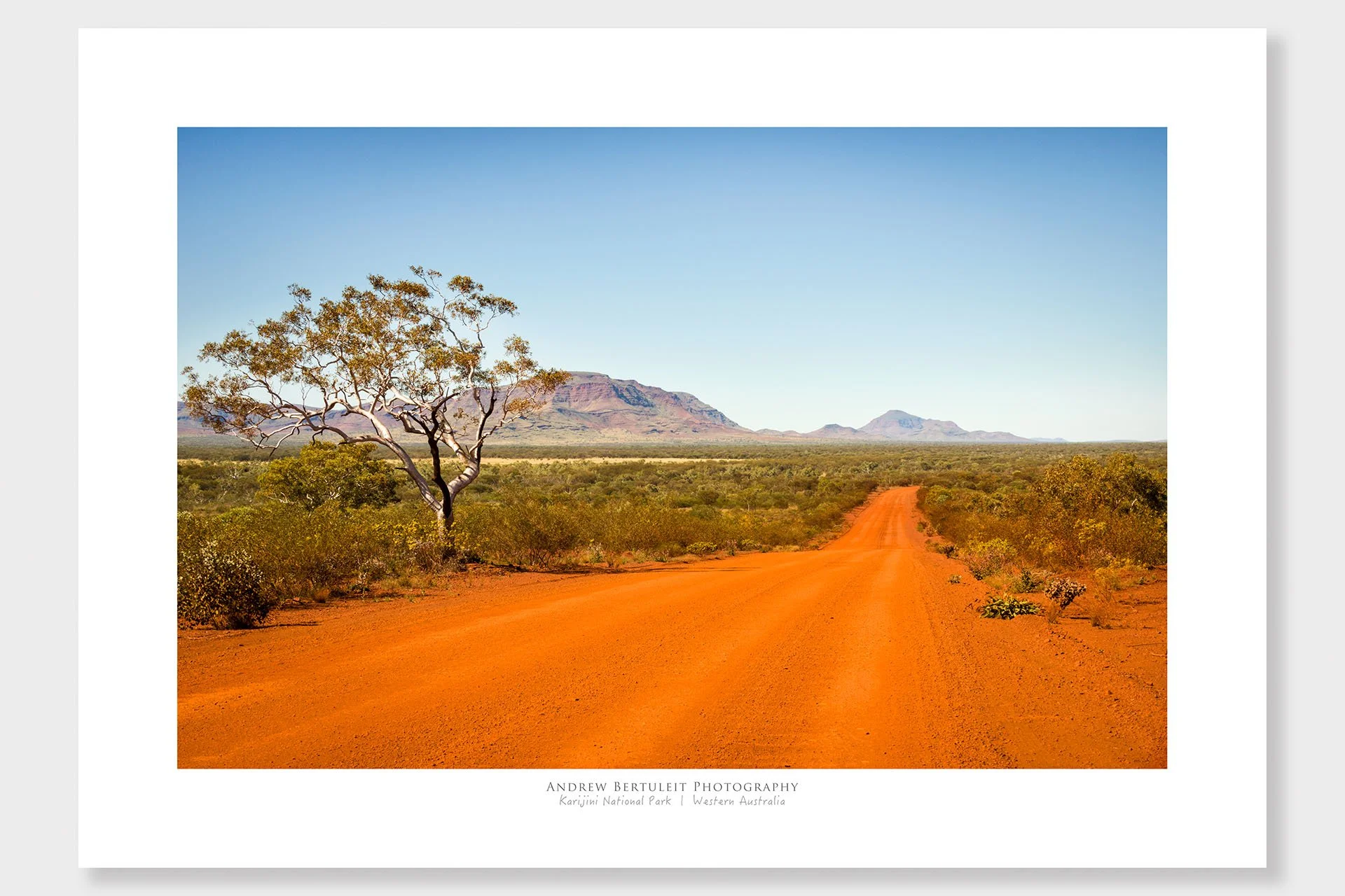 Pilbara red dirt road print with white border, ready for a standard frame.