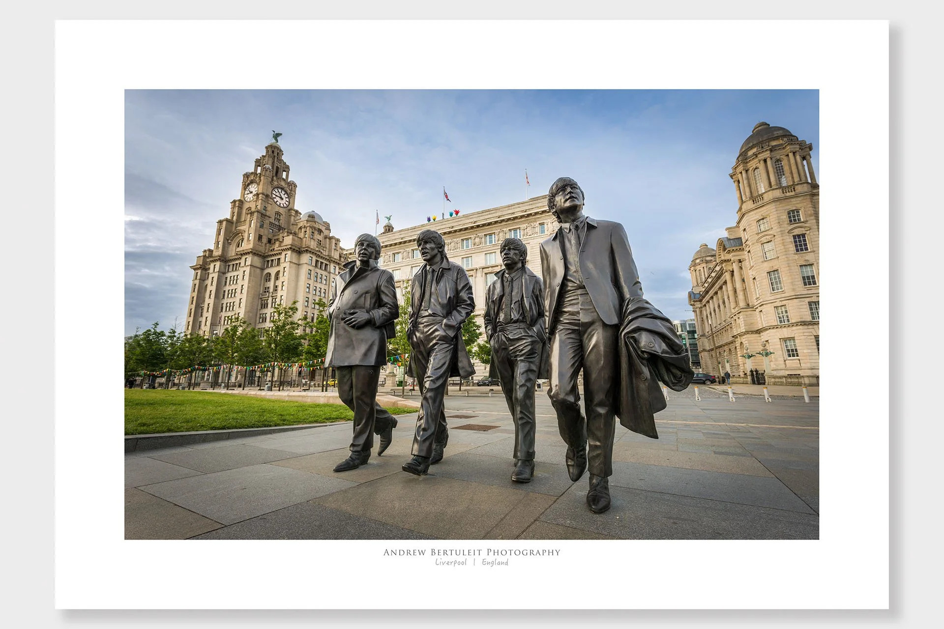 Liverpool Beatles statue print with white border, ready for a standard frame.