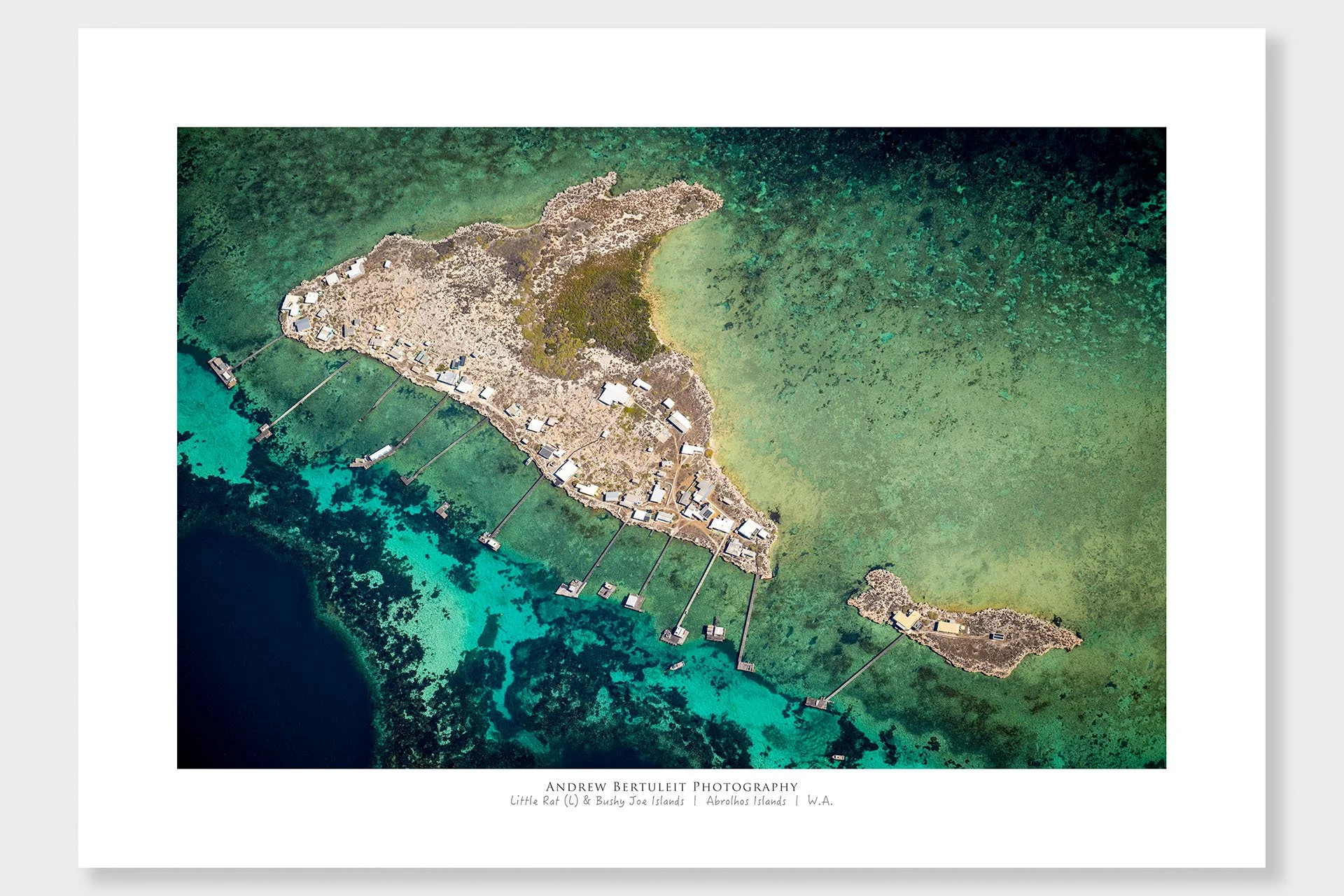 Abrolhos Islands aerial print with white border, ready for a standard frame.