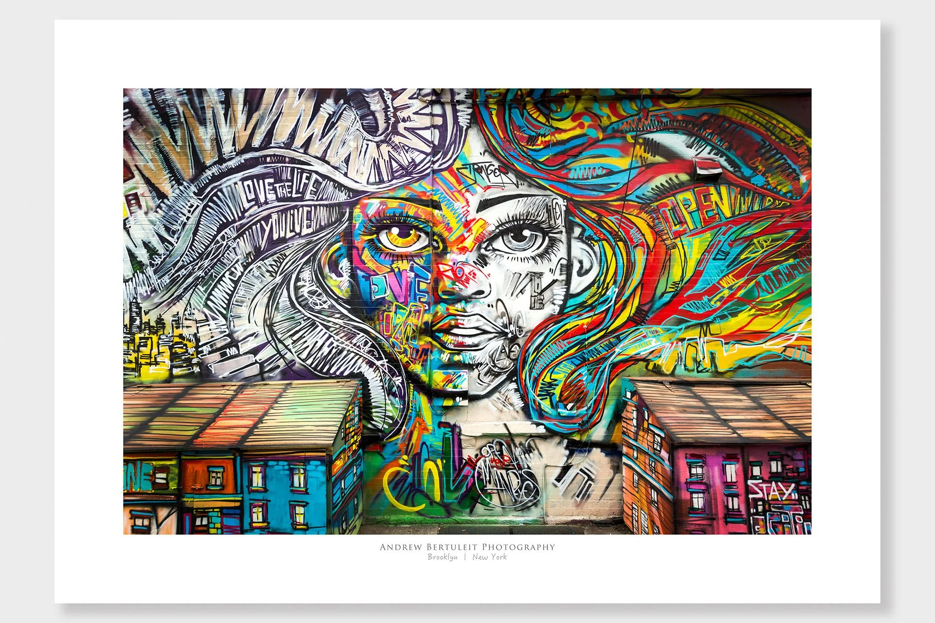 Brooklyn street art mural print with white border, ready for a standard frame.