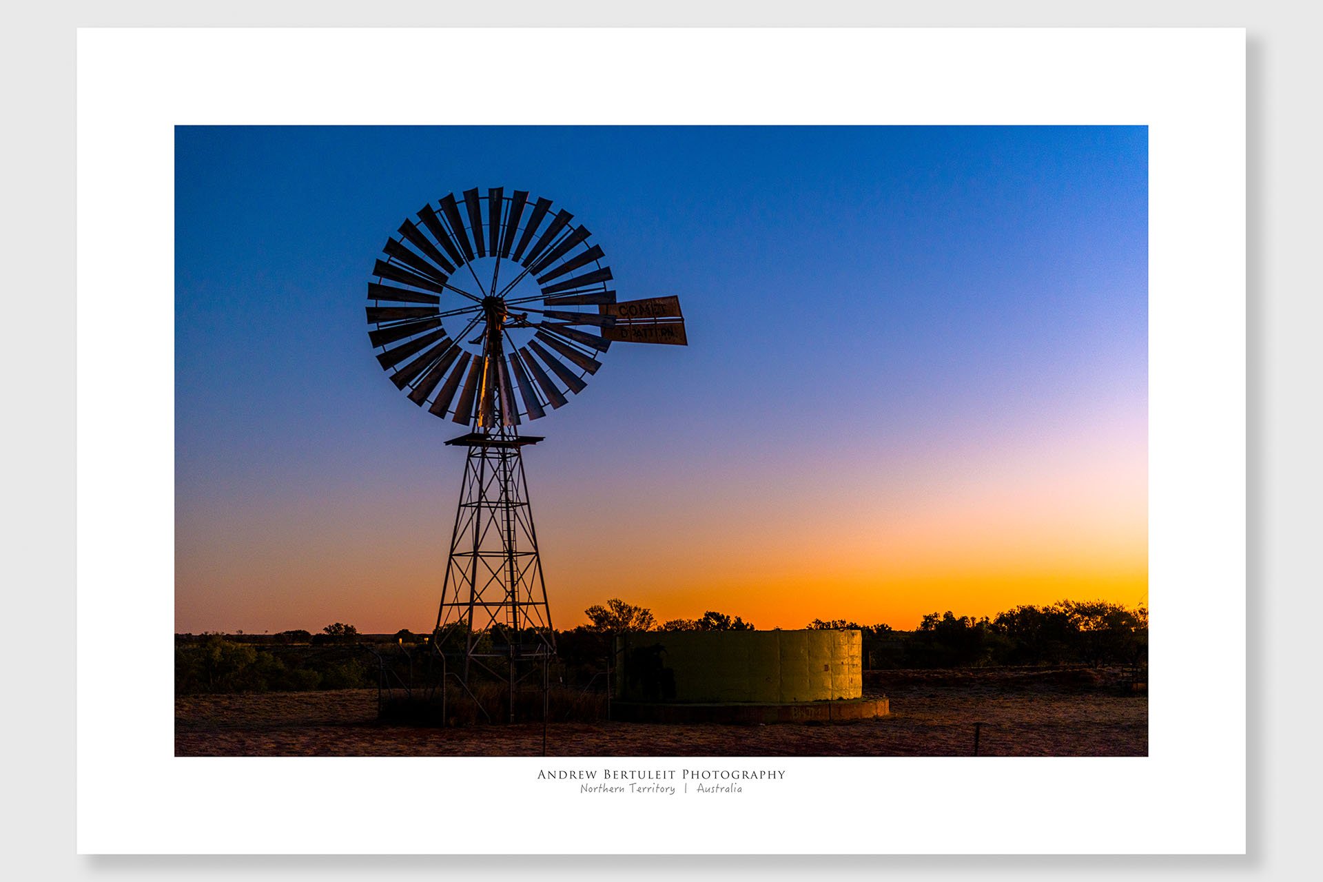 Windmill at sunset print with white border, ready for a standard frame