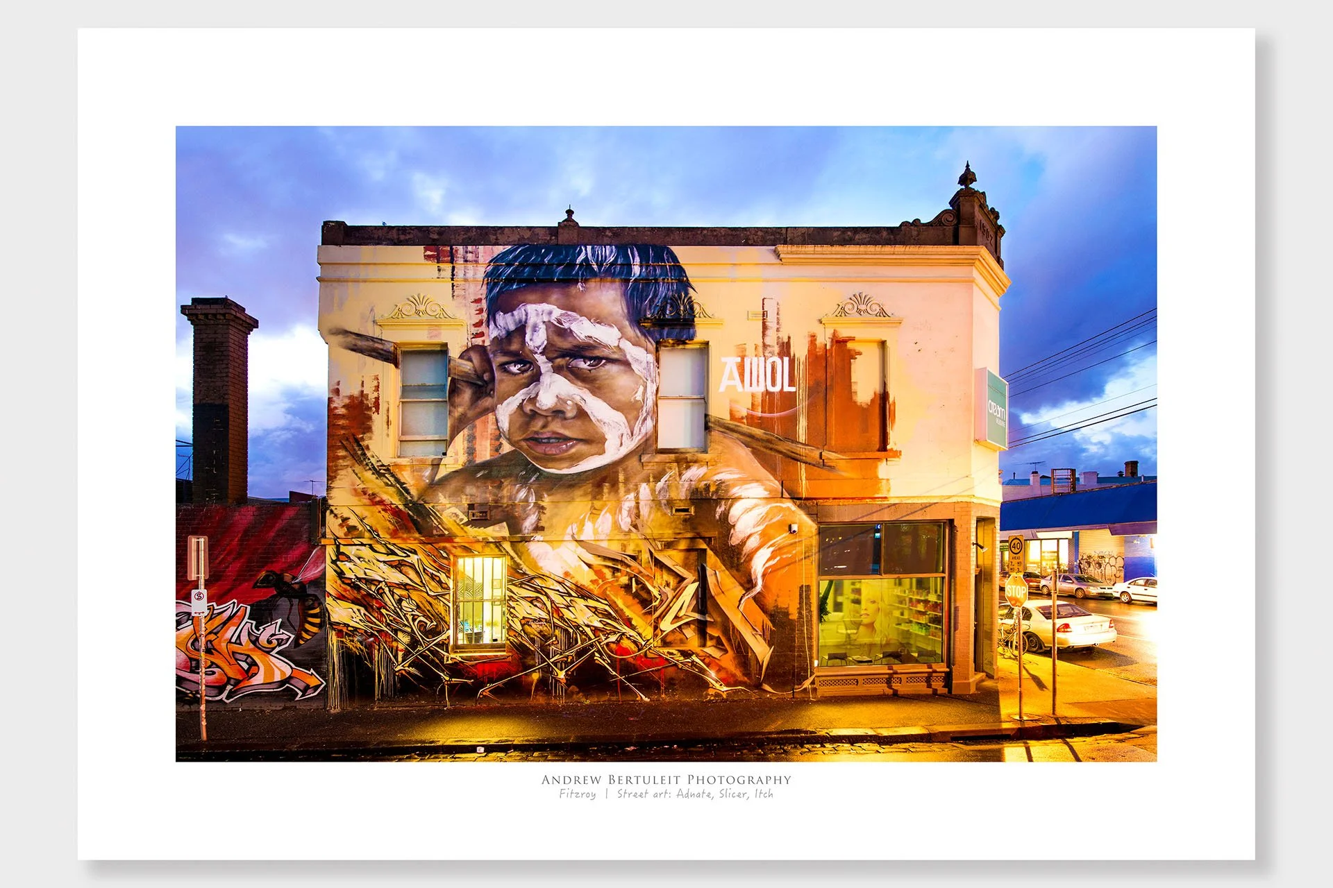 Fitzroy street art mural print with white border, ready for a standard frame.
