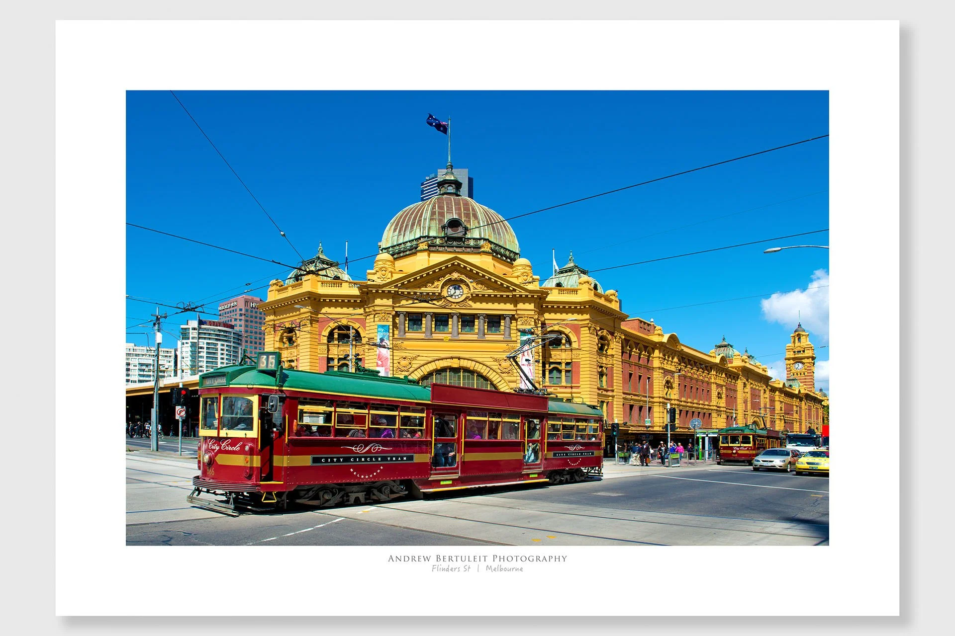 Red tram print with white border, ready for a standard frame