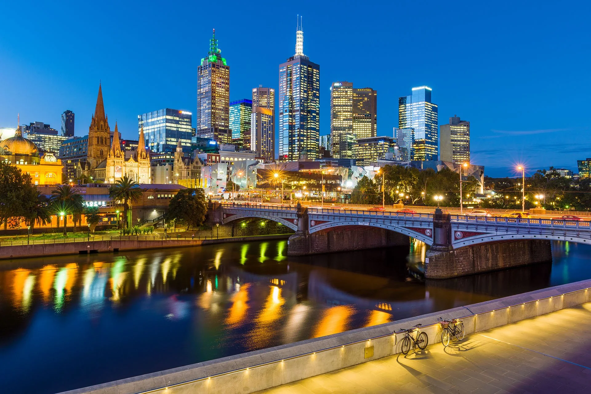 Melbourne CBD at night showing reflections on the Yarra River