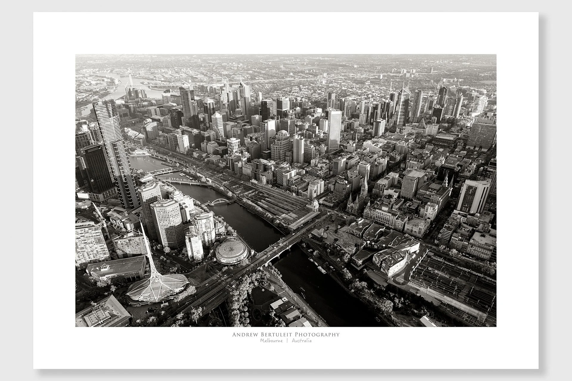 Melbourne aerial print with white border, ready for a standard frame