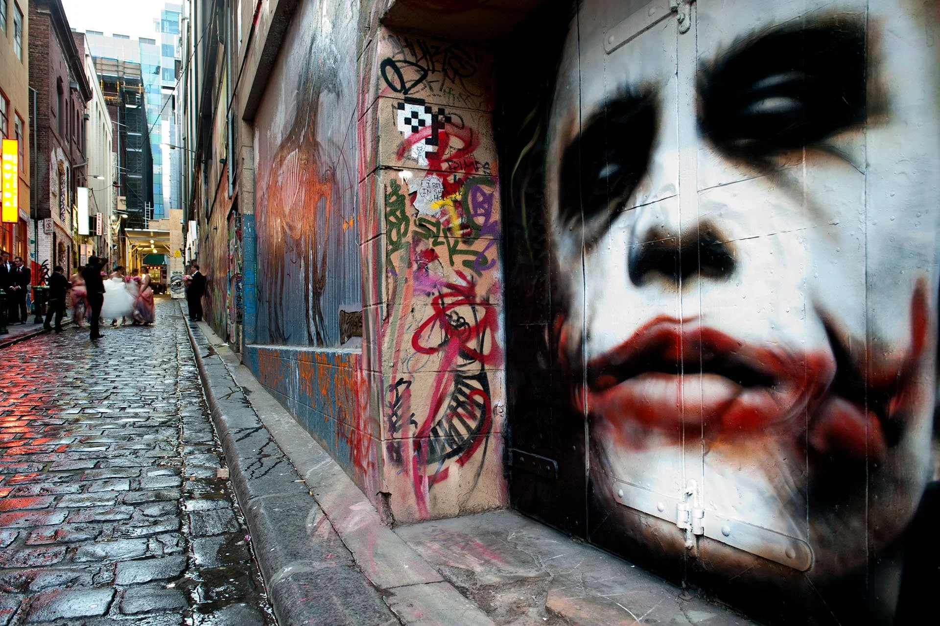 Street art in a cobblestone laneway in Melbourne