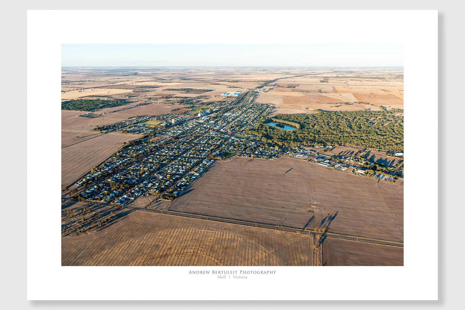 Aerial of Nhill print with white border, ready for a standard frame