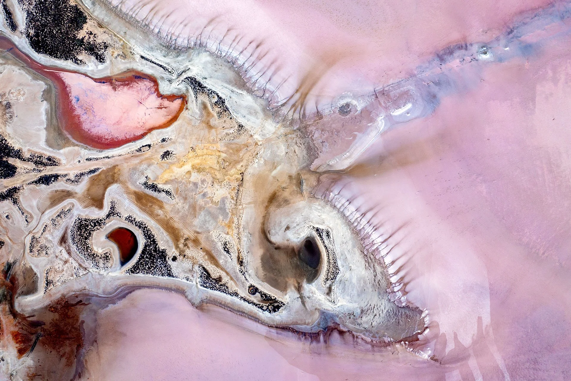 Abstract patterns from a salt lake in pink