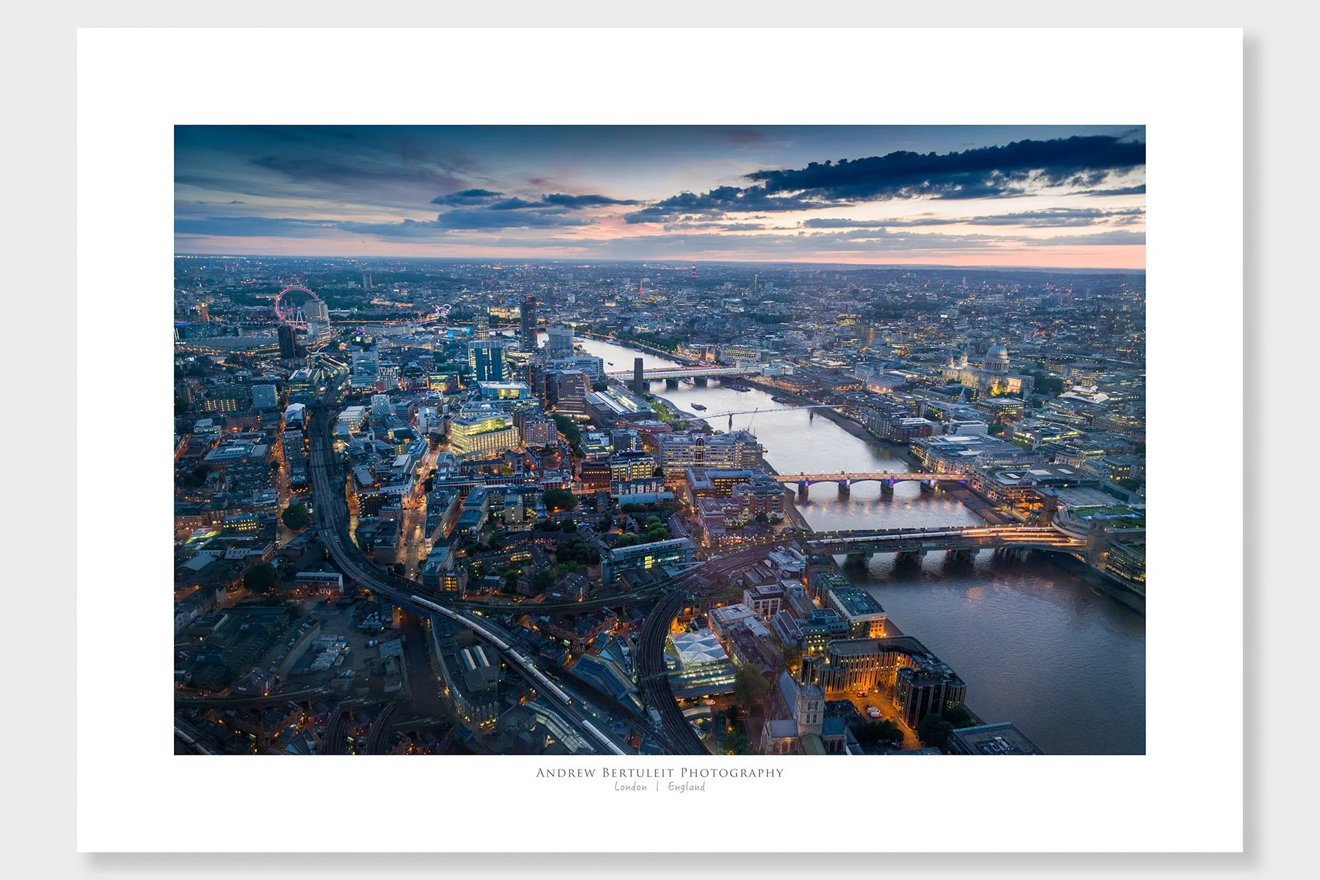 London Thames at dusk print with white border, ready for a standard frame.