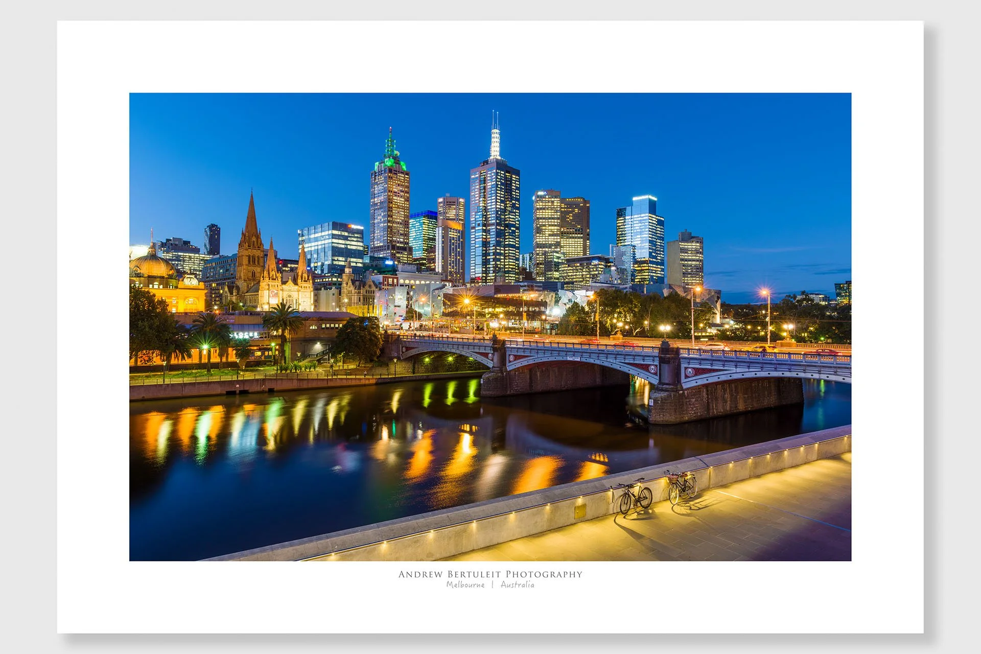 Melbourne at night print with white border, ready for a standard frame