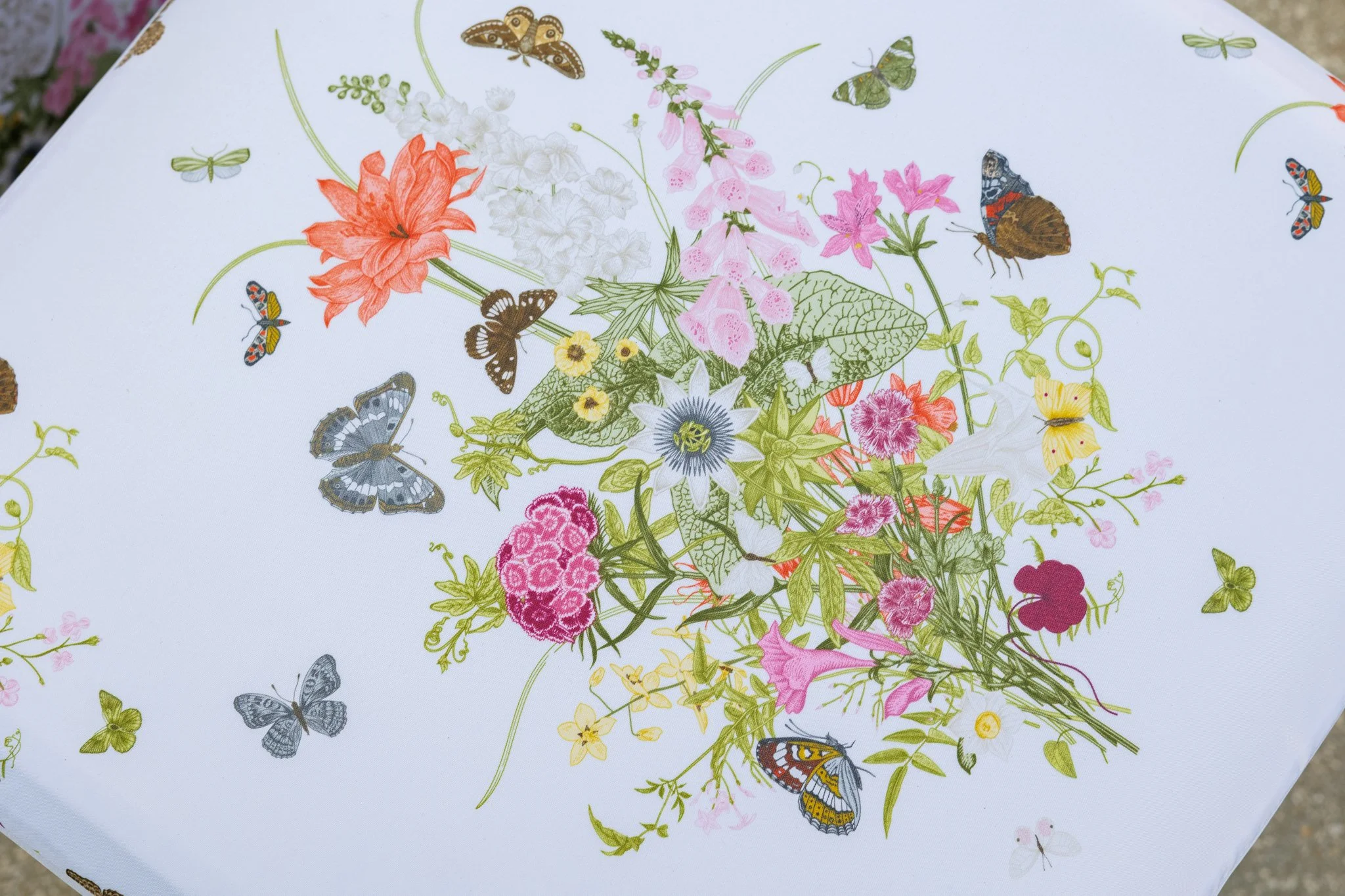 Colorful floral illustration with pink, white, yellow, and purple flowers, and various butterflies and insects on a white background.