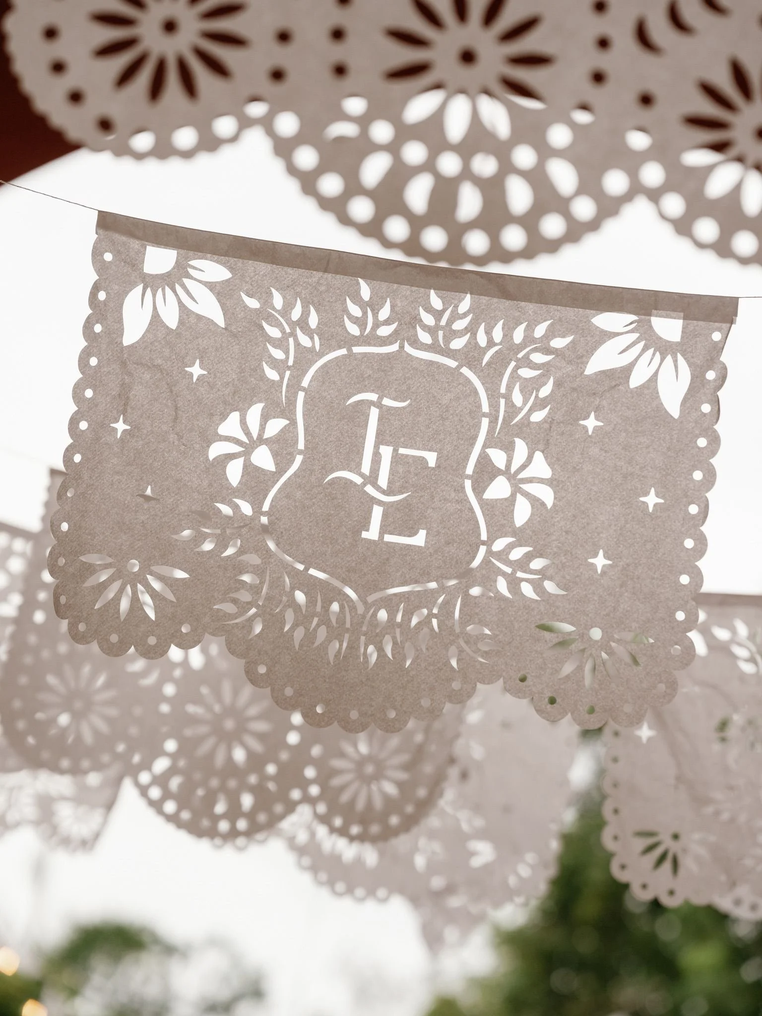 Decorative paper lanterns with intricate cut-out floral and leaf patterns hanging outdoors on a cloudy day.