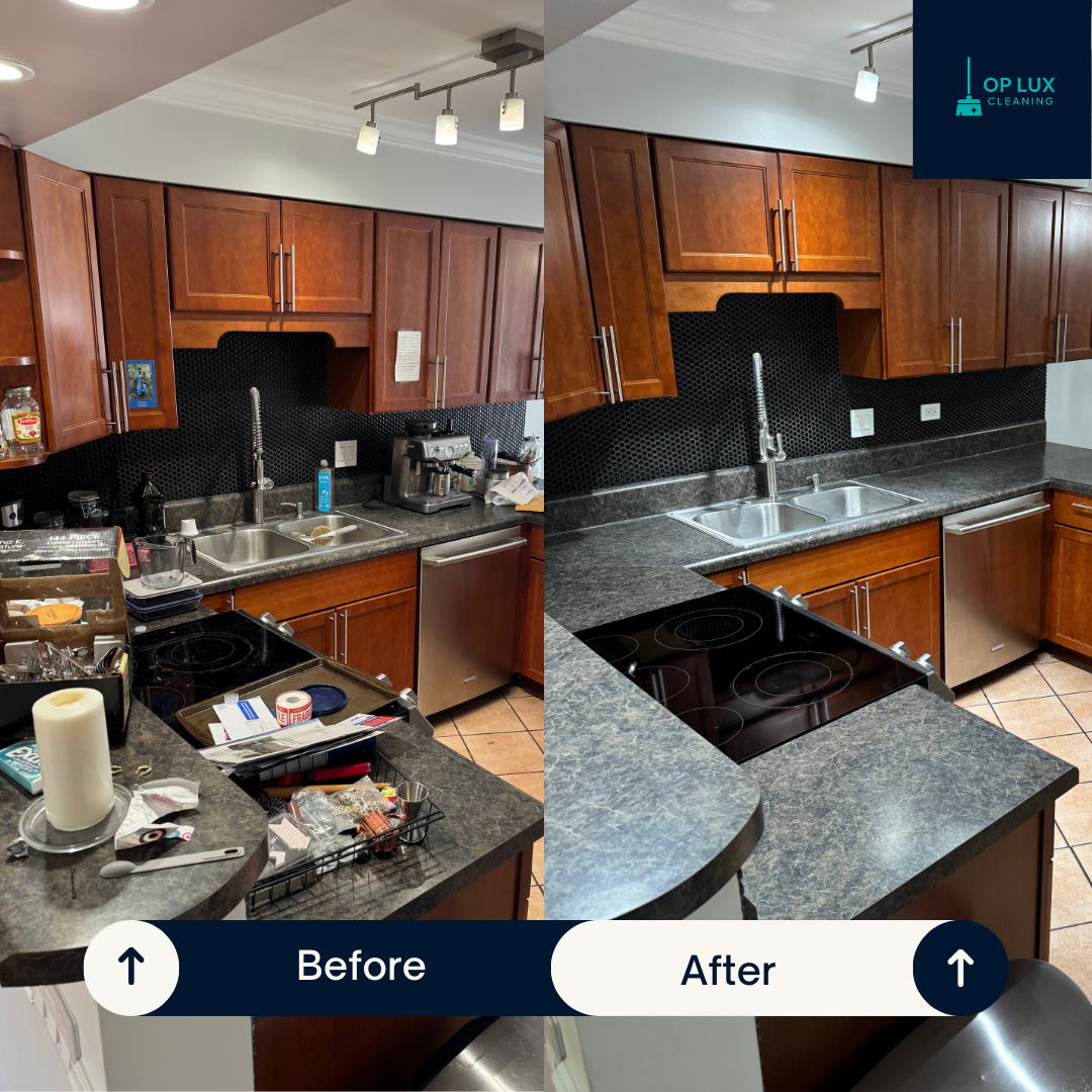Kitchen before and after deep cleaning in Naperville by OP LUX Cleaning.