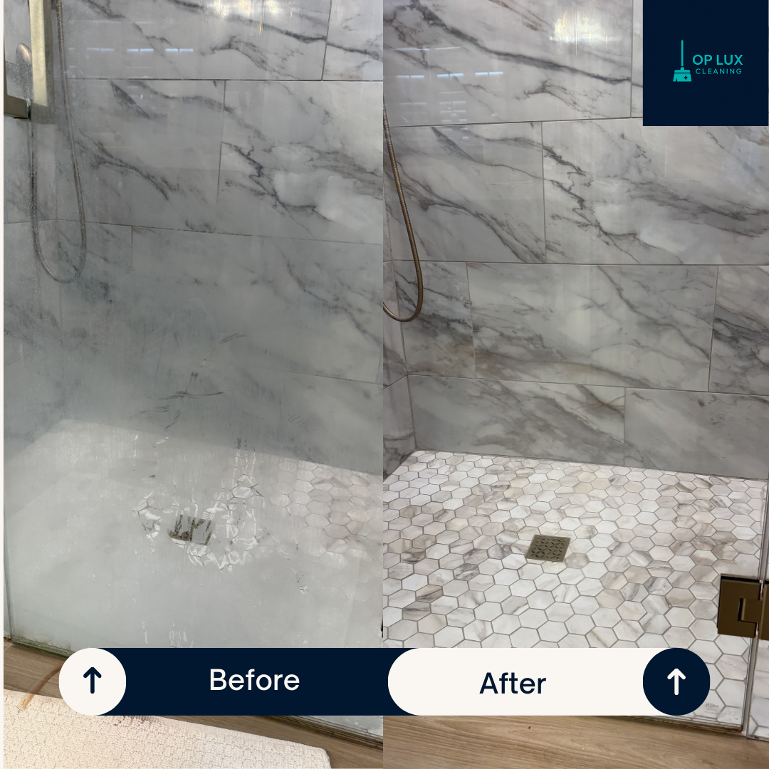 Shower glass and tile deep clean comparison in Plainfield by OP LUX Cleaning.