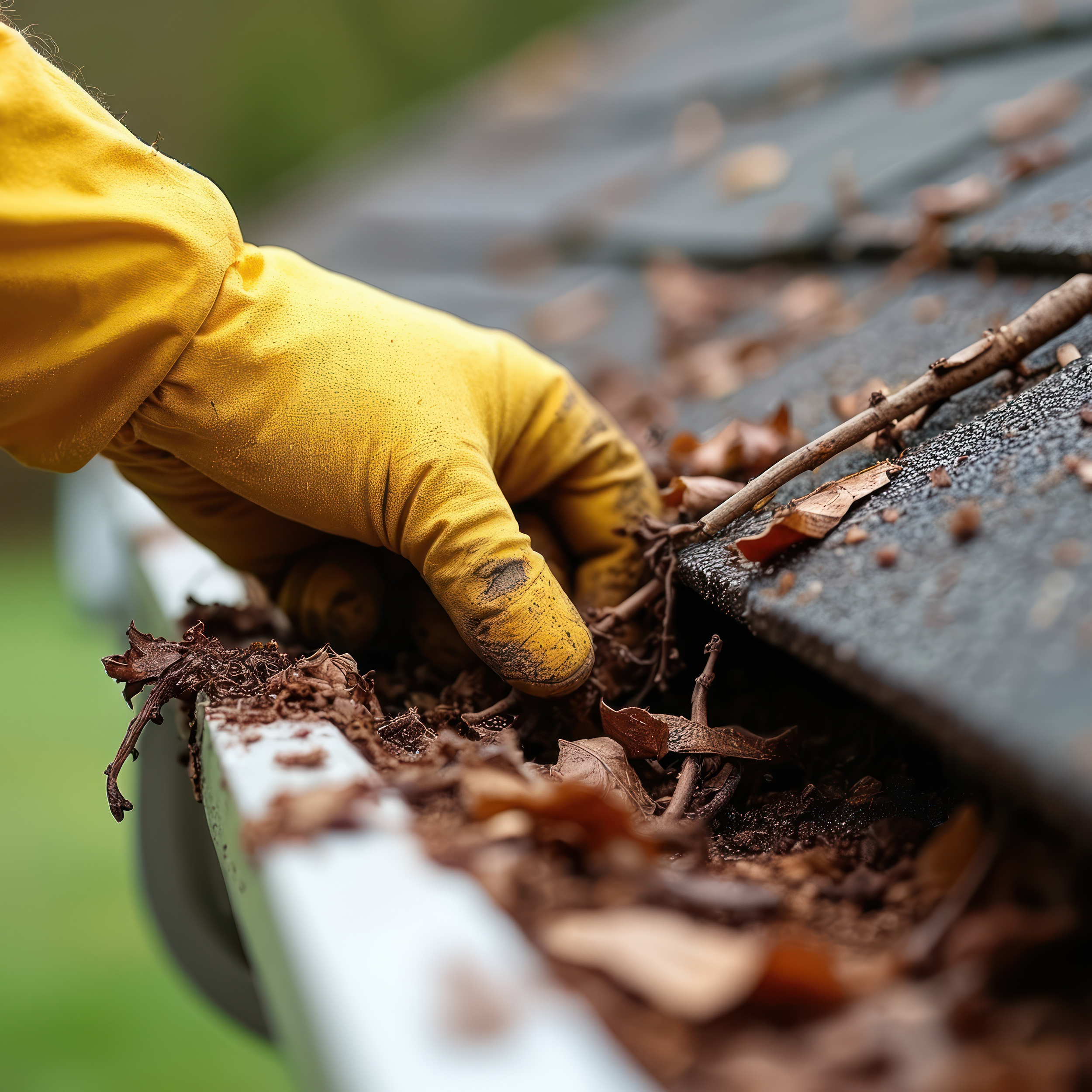 Close-up of a yellow raincoat sleeve and a person working with sticks and bark on a gray surface, with fallen leaves.
